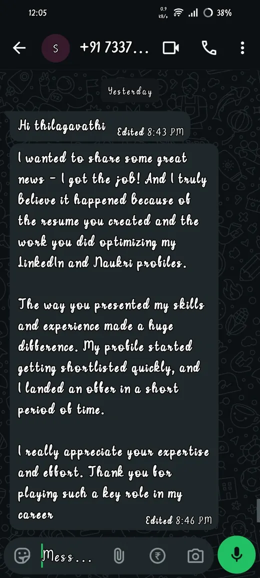 Client message on WhatsApp sharing a job offer after working with Thilagavathi